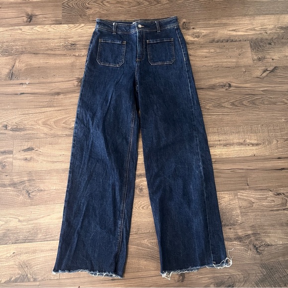 Oat New York Denim - OAT New York Dark Wash Wide Leg Jeans Raw Hem High Rise Flat Front Sz 8/29